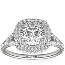 Cushion Duet Halo Diamond Engagement Ring in 18k White Gold (1/2 ct. tw.)